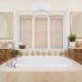 This bathroom features a beautiful mix of textures in matching shades—including our Motorized Woven Shades, which you can open and close with the press of a button! This bathroom features a beautiful mix of textures in matching shades—including our Motorized Woven Shades, which you can open and close with the press of a button!