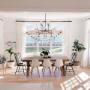 Drapery paired with woven wood shades makes your dining room look elegant. Drapery paired with woven wood shades makes your dining room look elegant.