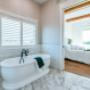 Rub-a-dub-dub, time to relax in your tub! Did you know that shutters are the perfect choice for high moisture rooms, such as a bathroom?! Perfect for a chilly Sunday in the Alberta Foothills. Pictured are Springs Window Fashions 3 ½” louver, split tilt, composite shutters (color: basic white). Turn Rub-a-dub-dub, time to relax in your tub! Did you know that shutters are the perfect choice for high moisture rooms, such as a bathroom?! Perfect for a chilly Sunday in the Alberta Foothills. Pictured are Springs Window Fashions 3 ½” louver, split tilt, composite shutters (color: basic white). Turn