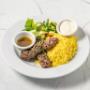Kofta lunch plate, served with basmati rice and garden salad. Kofta lunch plate, served with basmati rice and garden salad.