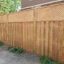 Board on Board style pressure treated wooden privacy fencing with Privacy Plus lattice topper.
3 Horizontal 2x4 cross members not visible.
On 6x6inch posts. Board on Board style pressure treated wooden privacy fencing with Privacy Plus lattice topper.
3 Horizontal 2x4 cross members not visible.
On 6x6inch posts.