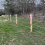 Coated wire fencing.
Top and bottom wires electrified, wires 2 & 3 not. Insulators can be seen. Coated wire fencing.
Top and bottom wires electrified, wires 2 & 3 not. Insulators can be seen.