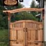 CV Cedar Double Swing Walk-Through Curved-Top Gate with Stockade See-Through detail. Framed by a Curved Arbour Detail. Black Metal Handle and Hinges. CV Cedar Double Swing Walk-Through Curved-Top Gate with Stockade See-Through detail. Framed by a Curved Arbour Detail. Black Metal Handle and Hinges.