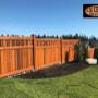 CV Cedar Premium Valley Top Panels, finished with Fence Panel Caps. Posts are topped with Cedar Post Caps. Cloverdale Sunfast Teak Stain applied. CV Cedar Premium Valley Top Panels, finished with Fence Panel Caps. Posts are topped with Cedar Post Caps. Cloverdale Sunfast Teak Stain applied.