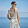 This sand button polo sweater is tailored to a slim fit and features a crochet texture, short sleeves, and a refined collar for a sophisticated look. This sand button polo sweater is tailored to a slim fit and features a crochet texture, short sleeves, and a refined collar for a sophisticated look.