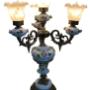 Italian Rococo hand painted porcelain and brass 4 light candelabrum lamp, fitted with ruffled frosted glass shades. Italian Rococo hand painted porcelain and brass 4 light candelabrum lamp, fitted with ruffled frosted glass shades.