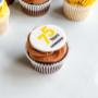 Custom cupcakes topped with a personalized company name, logo and custom message for a company anniversary celebration. Custom cupcakes topped with a personalized company name, logo and custom message for a company anniversary celebration.
