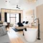 Suite 1 overlooking Main Street with a soaking tub and walk-in shower. Suite 1 overlooking Main Street with a soaking tub and walk-in shower.