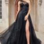 Sheer one shoulder bustier with sweetheart neckline and soft tulle a line gown with a high leg slit. The one shoulder netting can be removed to make this dress into a strapless see the pictures of the blue attached. Sheer one shoulder bustier with sweetheart neckline and soft tulle a line gown with a high leg slit. The one shoulder netting can be removed to make this dress into a strapless see the pictures of the blue attached.