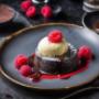 Chocolate Lava Cake with Madagascar Vanilla Bean Ice Cream and Raspberry Coulis Chocolate Lava Cake with Madagascar Vanilla Bean Ice Cream and Raspberry Coulis
