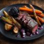Grilled Bison Striploin with Blackberry Balsamic Reduction and Roasted Root Vegetables Grilled Bison Striploin with Blackberry Balsamic Reduction and Roasted Root Vegetables