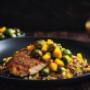 Amaranth-Crusted Chicken Breast with Mango Salsa, Quinoa Pilaf, and Roasted Brussels Sprouts Amaranth-Crusted Chicken Breast with Mango Salsa, Quinoa Pilaf, and Roasted Brussels Sprouts