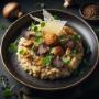 Wild Mushroom and Truffle Risotto with Parmesan Tuile and Microgreens Wild Mushroom and Truffle Risotto with Parmesan Tuile and Microgreens