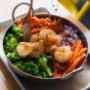 BANGKOK BOWL - Your choice of sautéed shrimp or tofu, with fresh broccoli, red onions, shredded carrots, bell peppers and Thai sauce and served over brown rice. Side not included. BANGKOK BOWL - Your choice of sautéed shrimp or tofu, with fresh broccoli, red onions, shredded carrots, bell peppers and Thai sauce and served over brown rice. Side not included.