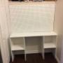 The sewing table painted and installed with a peg board backer. The sewing table painted and installed with a peg board backer.